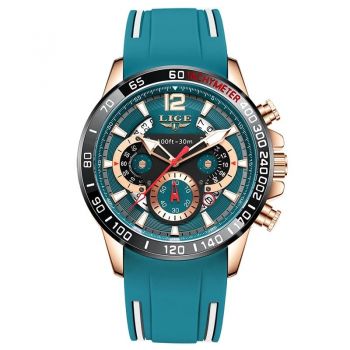 Ceas Barbati Lige 89213 Rose-Verde ,   Design Sport, Functii Multiple, Afisaj Luminos, Rezistent la Apa 3ATM