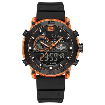 Ceas Barbati Naviforce 6104 Negru-Portocaliu ,   Design Sport, Functii Multiple, Alarma, Rezistent la Apa 5ATM