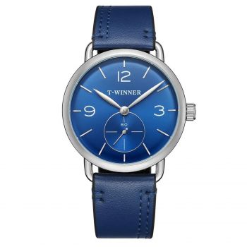 Ceas Barbati T-Winner 8166 Albastru ,   Design Casual, Curea din Piele Naturala, Rezistent la Apa 3ATM