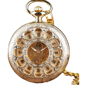 Ceas de buzunar, Gorben, Clasic, Vintage, Skeleton, Mecanic, Lant, Auriu