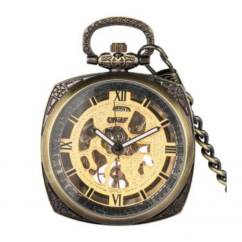 Ceas de buzunar Gorben P009 Bronz-Auriu - Steampunk Mecanic, Afisaj cu Cifre Romane, Cu Lant Vintage Retro