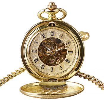 Ceas de buzunar Gorben P240  Auriu - Skeleton Mecanic, Afisaj cu Cifre Romane, Cu Lant Vintage Retro