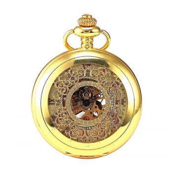 Ceas de buzunar Gorben PM004 Auriu - Skeleton Mecanic, Steampunk, Afisaj cu Cifre Romane, Cu Lant Vintage Retro
