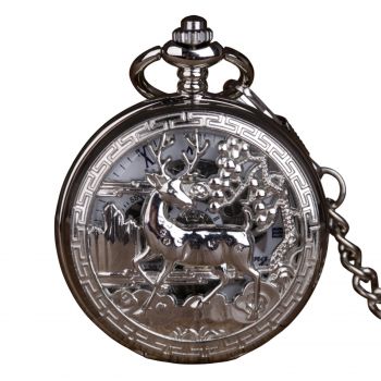 Ceas de buzunar Gorben PM076 Argintiu - Steampunk, Mecanic, Afisaj cu Cifre Romane, Cu Lant Vintage Retro