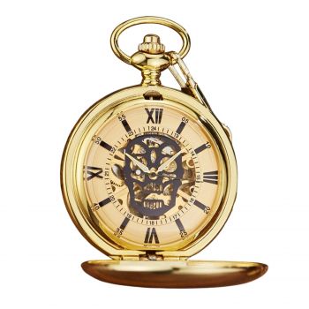 Ceas de buzunar Gorben PM247 Auriu - Skeleton Mecanic, Afisaj cu Cifre Romane, Cu Lant Vintage Retro