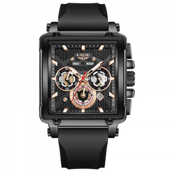 LIGE 89217 Ceas Barbati Quartz, Square Design, Silicon Strap, Luminous, Calendar, Waterproof 3ATM, Sport  Casual