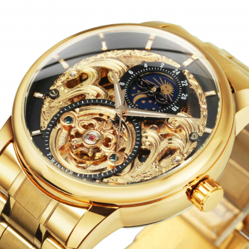 WINNER 514 Ceas Automat Barbati Skeleton Gold, Tourbillon  Moon Phase