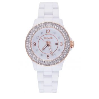 Ceas dama  36 mm - curea plastic alba - rezistenta la apa 5 ATM