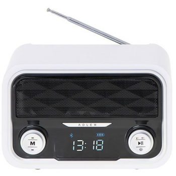 ADLER Radio Bluetooth FM ADLER, 50 de statii de memorie, MP3, Port USB si card SD, Fara fir, Portabil, Baterie 1800 mAh, Micro USB, Alb/Negru (AD1185)