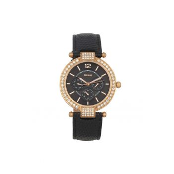 Ceas dama  WWL100307 - curea piele ecologica neagra - carcasa otel auriu - rezistenta la apa 5 ATM - diametru 38x38mm
