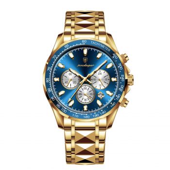 Ceas barbatesc de mana Poedagar Cronograf Fashion Quartz Data Otel Auriu Albastru