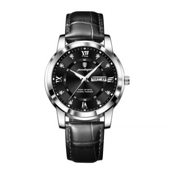 Ceas barbatesc Poedagar Cronograf Elegant Casual Calendar Piele Negru Argintiu