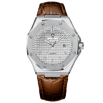 Gohuos, Ceas barbatesc de mana, Quartz, Afisare ora, data, Piele naturala, Maro Argintiu