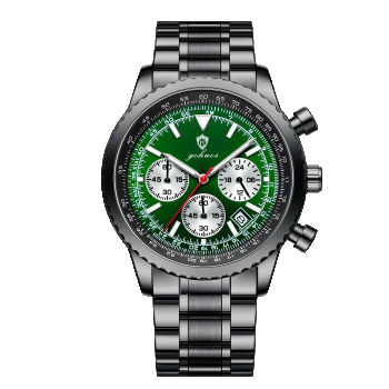 Gohuos, Ceas barbatesc de mana, Quartz, Cronograf, Analog, Data, Otel inoxidabil, Negru Verde