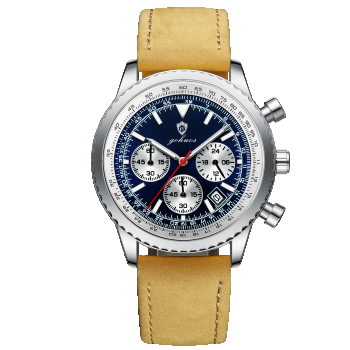 Gohuos, Ceas barbatesc, Quartz, Cronograf, Analog, Data, Piele naturala, Maro Albastru