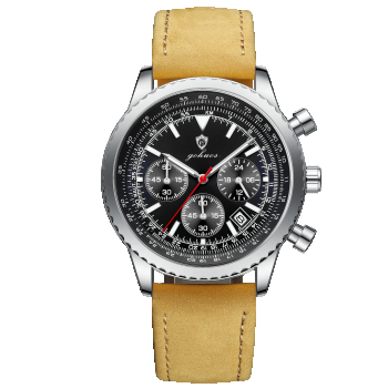 Gohuos, Ceas barbatesc, Quartz, Cronograf, Analog, Data, Piele naturala, Maro Argintiu Negru