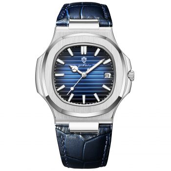 Gohuos, Ceas barbati de mana, Quartz, Casual, Afisare ora, secunde, Data, Piele naturala, Albastru