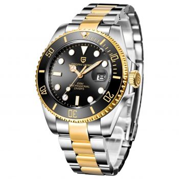 Pagani Design PD-1683 Black Dial Ceas Barbati Quartz Miyota 2315, Bratara Bicolora Argintiu-Auriu, Sapphire Crystal, Waterproof 100M