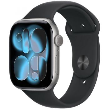 Apple Ceas inteligent Apple Series 11, GPS, 46mm, Carcasa din aluminiu gri spatial, Curea sport neagra, Masura M/L