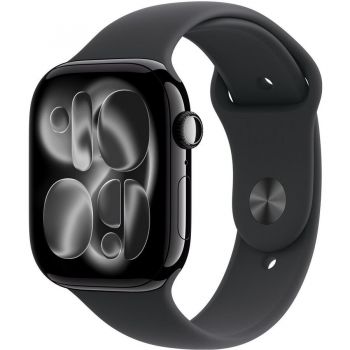 Apple Ceas inteligent Apple Watch Series 11, GPS, 46mm, Carcasa din aluminiu negru intens, Curea sport Neagra, masura  S/M