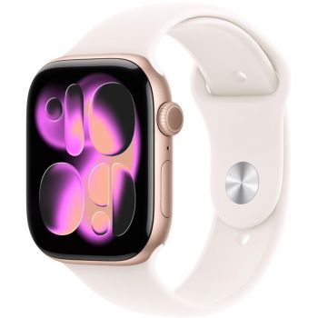 Apple Ceas inteligent Apple Watch Series 11, GPS + Cellular, 42mm, Carcasa din aluminiu auriu-roz, Curea sport roz pal (Alb), Masura S/M