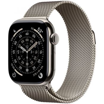 Apple Ceas inteligent Apple Watch Series 11, GPS + Cellular, 42mm, Carcasa din titan natural, Curea Bucla milaneza, Argintiu