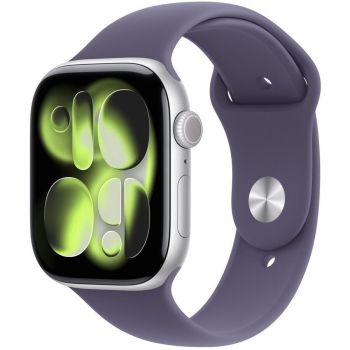 Apple Ceas inteligent Apple Watch Series 11, GPS + Cellular ,46mm, Carcasa din aluminiu argintie, Curea sport mov, Masura M/L