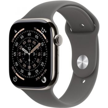 Apple Ceas inteligent Apple Watch Series 11, GPS + Cellular 46mm,  Carcasa din titaniu, Curea sport, Masura S/M, Gri piatra