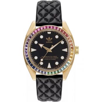 Ceas barbatesc -  inox/piele naturala - rezistenta apa 10 ATM - 43 mm - auriu/negru