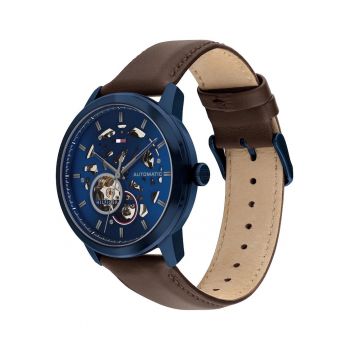 Ceas  Henry Open Heart Automatic - mecanism Seagull TY2836 - albastru navy - curea din piele maro - rezistent la apa 50m