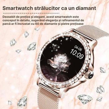 Ceas smartwatch dama, Apeluri si mesaje bluetooth, Functii monitorizare Ritm Cardiac, Somn, Nivel oxigen, Auriu