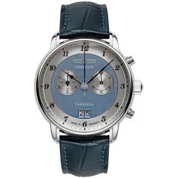 Ceas  Chronograph 8584-3 - quartz - albastru - curea din piele naturala - 50m rezistenta la apa