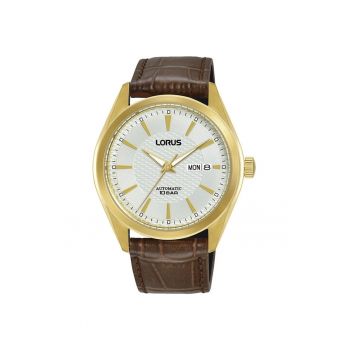 Ceas pentru barbati -  cronograf - automatic - carcasa inox - curea piele - maro/auriu