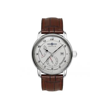 Ceas  8590-1 Automatic - alb - bratara din piele naturala maro - rezistent la apa 50m