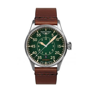 Ceas barbatesc  Bauhaus Aviation 27564 - automat - verde - 42x12mm - curea din piele maro