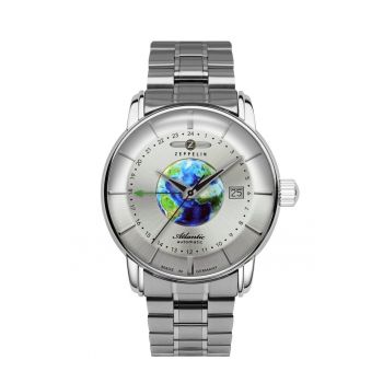Ceas barbatesc  Zeppelin Atlantic 8468MB1 - 42mm - bratara din otel - cadran argintiu cu glob - rezistenta apa 5 ATM