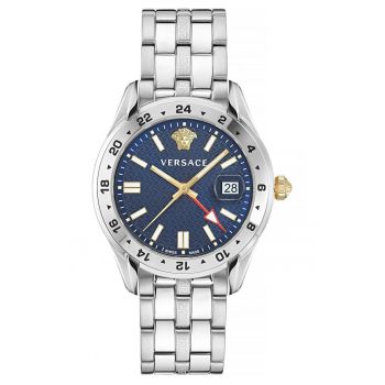 Ceas  barbati - mecanism quartz Ronda 515.24D GMT - bratara argintie - cadran albastru - 5 ATM