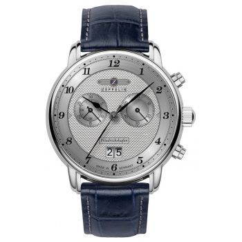 Ceas  Chronograph 8584-4 - quartz - argintiu - curea din piele gri - 50m rezistenta la apa