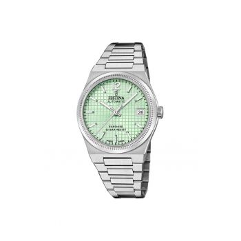 Ceas dama  F20029-3 - bratara din otel - carcasa rotunda - 35mm - cadran verde - rezistent la apa 100m - argintiu