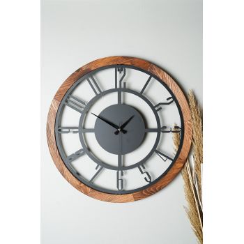 Ceas de perete, Myk1197-10, Diametru: 55 cm, Nuc / Negru