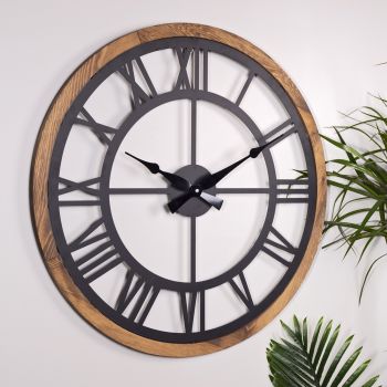 Ceas de perete, Roman, Diametru: 80 cm, Negru / Stejar