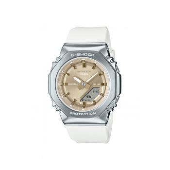 Ceas G-SHOCK Casio 40 mm - curea alba din cauciuc - carcasa din inox - cadran auriu - rezistent la apa 20 ATM