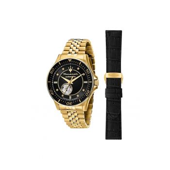 Ceas  Sfida Open Heart Automat - Negru/Auriu - 10 ATM - cu curea din piele neagra de schimb