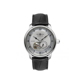 Ceas  barbati - automat - 40mm - argintiu - curea din piele albastra - rezistent la apa 5 ATM