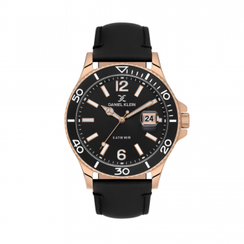 Ceas Casual pentru Bărbați, Design Rotund cu Curea din Piele și Afișaj Dată - Negru/Rose Gold