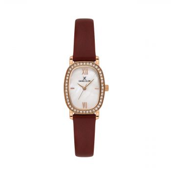 Ceas de Damă Premium, Cristale și Curea din Piele Fină - Vișiniu