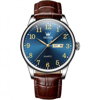 Ceas barbati Olevs Quartz Elegant Analog Indici Luminosi Data Piele naturala Maro