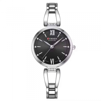 Ceas Dama CURREN 9092, Quartz, Cadran Negru, Bratara si Carcasa Argintie, Otel Inoxidabil, 30mm