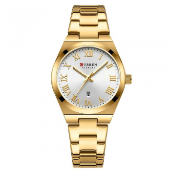 Ceas Dama CURREN 9095L Aur Complet, Cadran Alb, Elegant, Quartz cu Calendar, Bratara Metalica, Rezistenta la Apa 3 ATM