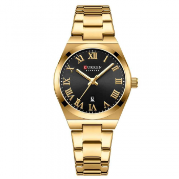 Ceas Dama CURREN 9095L Aur Complet, Cadran Negru, Quartz, Elegant cu Calendar, Bratara Metalica, Rezistent la Apa 3 ATM